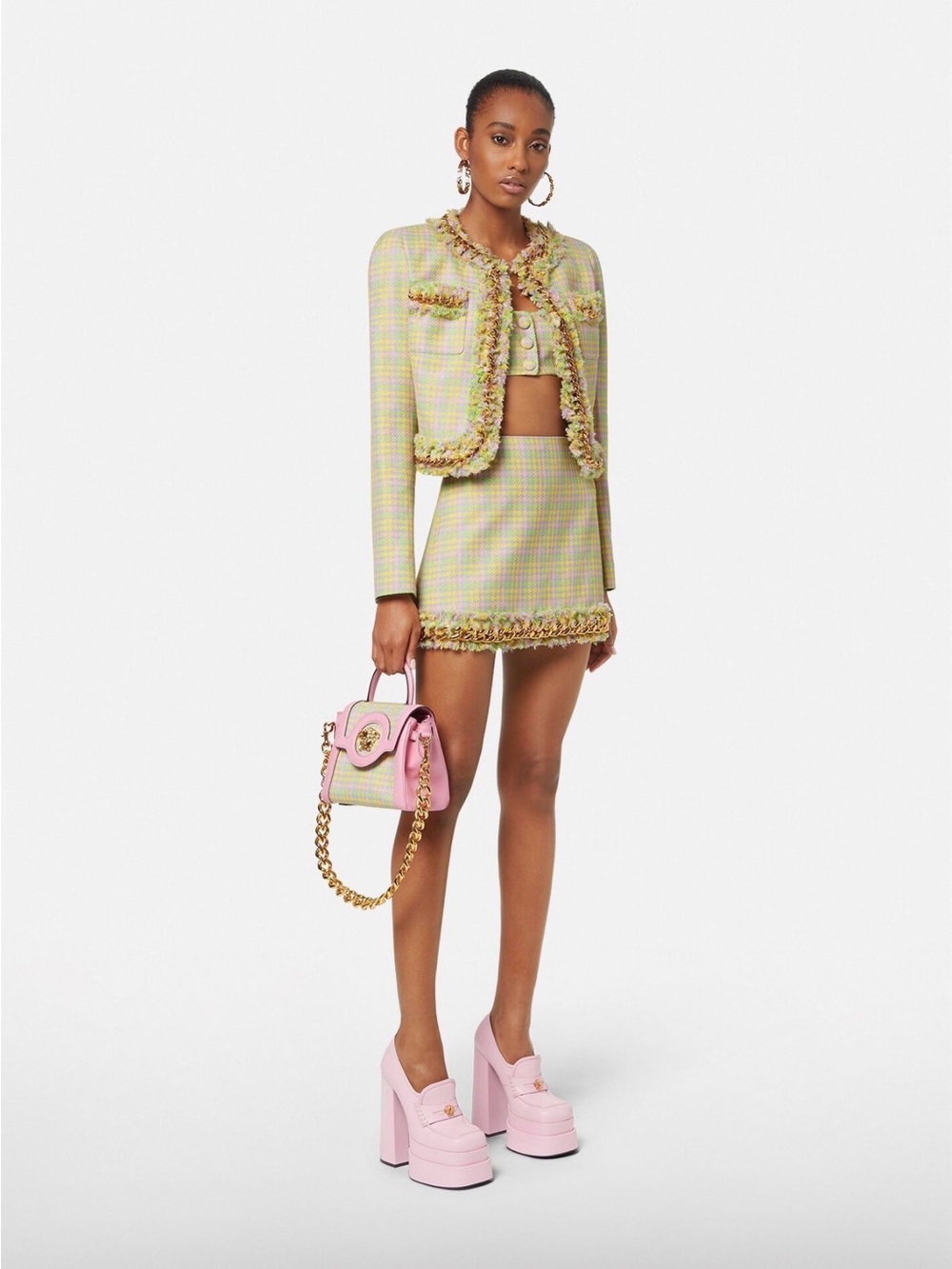 Versace La Medusa Houndstooth Top Handle Bag Pink & Green Shoulder Bag